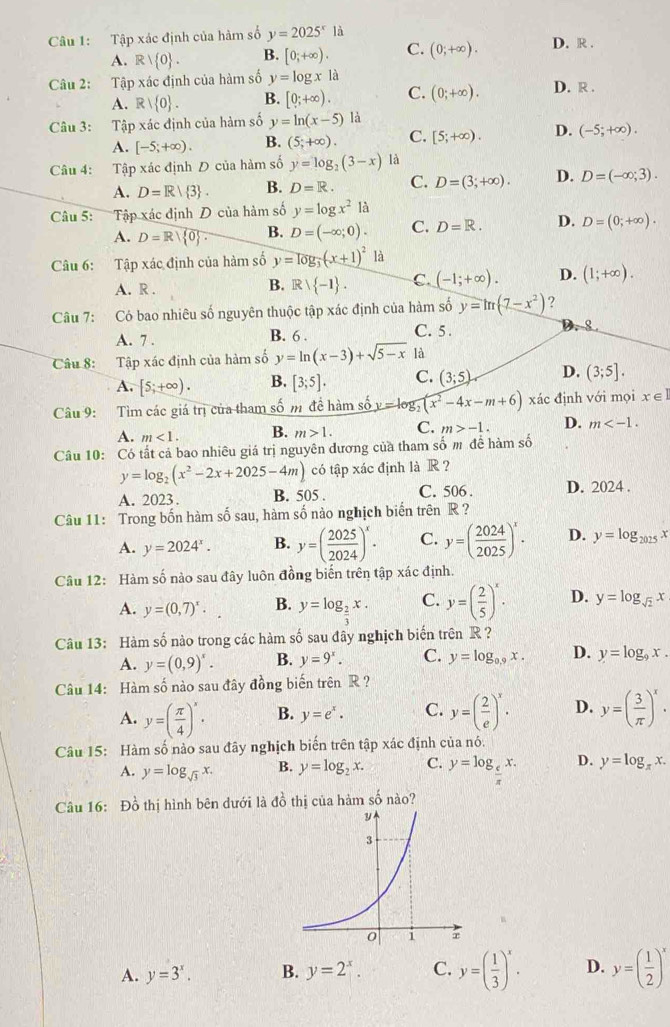 Tập xác định của hàm số y=2025^xla
A. F  1 0 . B. [0;+∈fty ). C. (0;+∈fty ). D. R .
Câu 2: Tập xác định của hàm số y=log x là D. R .
A. R  0 . B. [0;+∈fty ). C. (0;+∈fty ).
Câu 3: Tập xác định của hàm số y=ln (x-5) là
A. [-5;+∈fty ). B. (5;+∈fty ). C. [5;+∈fty ). D. (-5;+∈fty ).
Câu 4: Tập xác định D của hàm số y=log _2(3-x) là
A. D=R/ 3 . B. D=R. C. D=(3;+∈fty ). D. D=(-∈fty ;3).
Câu 5: Tập xác định D của hàm số y=log x^21a
A. D=R| 0 B. D=(-∈fty ;0). C. D=R. D. D=(0;+∈fty ).
Câu 6: Tập xác định của hàm số y=log _3(x+1)^2 1
A. R . B. Rvee  -1 . C. (-1;+∈fty ). D. (1;+∈fty ).
Câu 7: Có bao nhiêu số nguyên thuộc tập xác định của hàm số y=ln (7-x^2) ?
A. 7 . B. 6 .
C. 5 . D. 8
Câu 8: Tập xác định của hàm số y=ln (x-3)+sqrt(5-x) là
A. [5;+∈fty ). B. [3;5]. C. (3;5) D. (3;5].
Câu 9: Tìm các giá trị của tham số m đề hàm số y=log _2(x^2-4x-m+6) xác định với mọi x∈ I
A. m<1. B. m>1. C. m>-1. D. m
Câu 10: Có tất cả bao nhiêu giá trị nguyên dương của tham số m đề hàm số
y=log _2(x^2-2x+2025-4m) có tập xác định là R ?
A. 2023 . B. 505 . C. 506 . D. 2024 .
Câu 11: Trong bốn hàm số sau, hàm số nào nghịch biến trên R ?
A. y=2024^x. B. y=( 2025/2024 )^x. C. y=( 2024/2025 )^x. D. y=log _2025x
Câu 12: Hàm số nào sau đây luôn đồng biến trên tập xác định.
A. y=(0,7)^x. B. y=log _ 2/3 x. C. y=( 2/5 )^x. D. y=log _sqrt(2)x
Câu 13: Hàm số nào trong các hàm số sau đây nghịch biến trên R ?
A. y=(0,9)^x. B. y=9^x. C. y=log _0.9x. D. y=log _9x.
Câu 14: Hàm số nào sau đây đồng biến trên R ?
A. y=( π /4 )^x. B. y=e^x. C. y=( 2/e )^x. D. y=( 3/π  )^x.
Câu 15: Hàm số nào sau đây nghịch biến trên tập xác định của nó.
A. y=log _sqrt(3)x. B. y=log _2x. C. y=log _ e/π  x. D. y=log _π x.
Câu 16: Đồ thị hình bên dưới là đồ thị của hàm số nào?
n
A. y=3^x. B. y=2^x. C. y=( 1/3 )^x. D. y=( 1/2 )^x