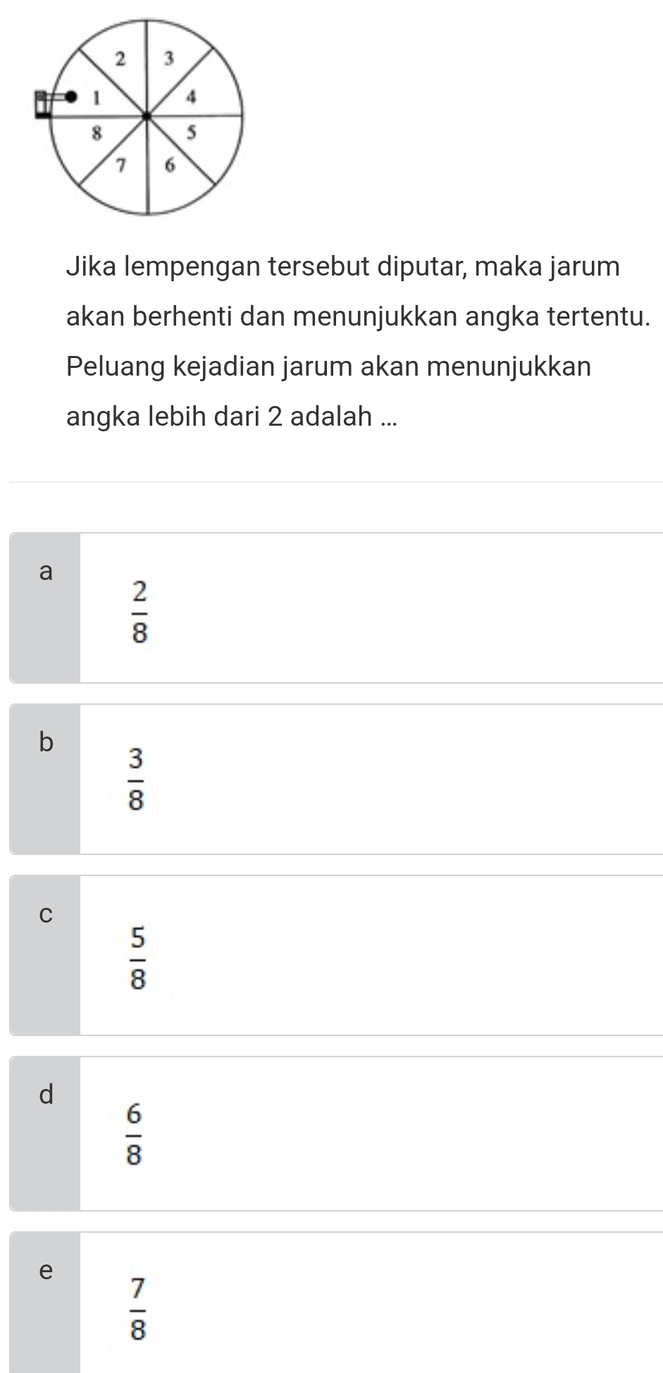 Jika lempengan tersebut diputar, maka jarum
akan berhenti dan menunjukkan angka tertentu.
Peluang kejadian jarum akan menunjukkan
angka lebih dari 2 adalah ...
a
 2/8 
b
 3/8 
C
 5/8 
d
 6/8 
e
 7/8 