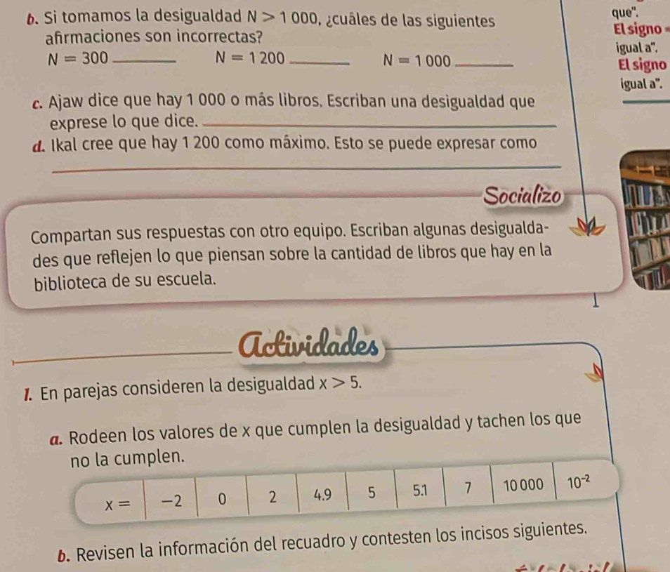 Si tomamos la desigualdad N>1000 a cuáles de las siguientes que". 
afrmaciones son incorrectas? El signo 
igual a'.
N=300 _
N=1200 _
N=1000 _ 
El signo 
igual a". 
. Ajaw dice que hay 1 000 o más libros. Escriban una desigualdad que 
_ 
exprese lo que dice._ 
d. Ikal cree que hay 1 200 como máximo. Esto se puede expresar como 
_ 
Socializo 
Compartan sus respuestas con otro equipo. Escriban algunas desigualda- 
des que reflejen lo que piensan sobre la cantidad de libros que hay en la 
biblioteca de su escuela. 
_Actividades 
En parejas consideren la desigualdad x>5. 
a. Rodeen los valores de x que cumplen la desigualdad y tachen los que 
no la cumplen.
x= -2 0 2 4.9 5 5.1 1 10 000 10^(-2)
6. Revisen la información del recuadro y contesten los incisos siguientes.