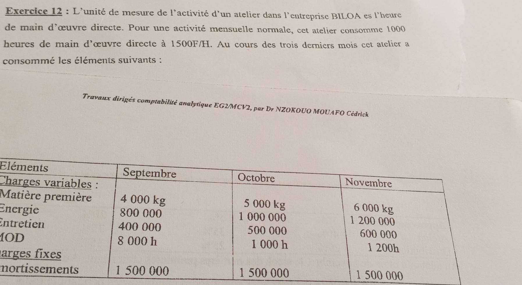 L'unité de mesure de l'activité d'un atelier dans l'entreprise BILOA es l'heurc 
de main d'œuvre directe. Pour une activité mensuelle normale, cet atelier consomme 1000
heures de main d'œuvre directe à 1500F/H. Au cours des trois derniers mois cet atelier a 
consommé les éléments suivants : 
Travaux dirigés comptabilité analytique EG2/MCV2, par Dr NZOKOUO MOUAFO Cédrick 
E 
C 
M 
E 
En 
1 
a 
m