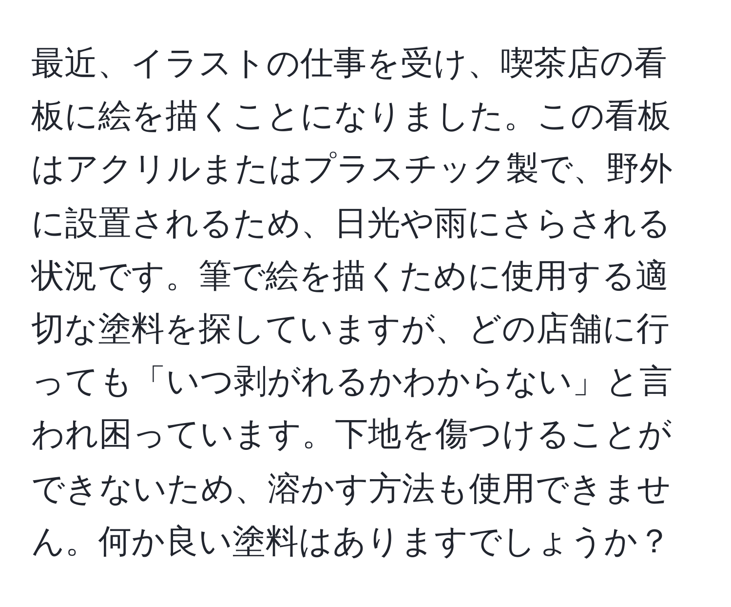 最近、イラストの仕事を受け、喫茶店の看板に絵を描くことになりました。この看板はアクリルまたはプラスチック製で、野外に設置されるため、日光や雨にさらされる状況です。筆で絵を描くために使用する適切な塗料を探していますが、どの店舗に行っても「いつ剥がれるかわからない」と言われ困っています。下地を傷つけることができないため、溶かす方法も使用できません。何か良い塗料はありますでしょうか？