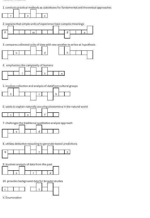 conducts practical methods as substitutes for fundamental and theoretical approaches 
「 
C 
2. explains that simple units of experience have complex meanings 
3. compares collected units of data with one another to arrive at hypothesis 
10. provides background data for broader studies 
C 
t 
V. Enumeration