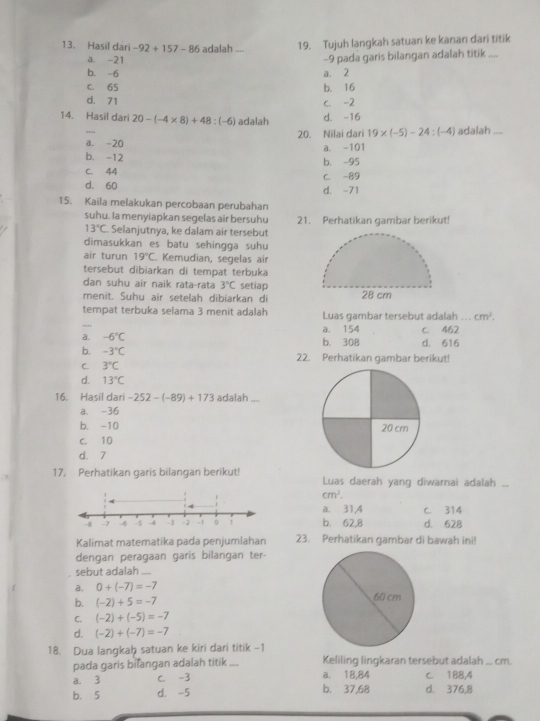 Hasil dari -92+157-86 adalah_
19. Tujuh langkah satuan ke kanan dari titik
a. -21
b. -6 a. 2 -9 pada garis bilangan adalah titik ...._
c. 65
d. 71 c. -2 b. 16
14. Hasil dari 20-(-4* 8)+48:(-6) adalah d. -16
20. Nilai dari 19* (-5)-24:(-4)
a. -20 a. -101 adalah_
b. -12 b. -95
C. 44 C. -89
d. 60 d. -71
15. Kaila melakukan percobaan perubahan
suhu. la menyiapkan segelas air bersuhu 21. Perhatikan gambar berikut!
13°C Selanjutnya, ke dalam air tersebut
dimasukkan es batu sehingga suhu
air turun 19°C. Kemudian, segelas air
tersebut dibiarkan di tempat terbuka
dan suhu air naik rata-rata 3°C setiap
menit. Suhu air setelah dibiarkan di
tempat terbuka selama 3 menit adalah Luas gambar tersebut adalah ... cm^2.
a. -6°C b. 308 a. 154 C. 462
b. -3°C d. 616
C. 3°C 22. Perhatikan gambar berikut!
d. 13°C
16. Hasil dari -252-(-89)+173 adalah_
a. -36
b. -10
c. 10
d. 7
17. Perhatikan garis bilangan berikut! Luas daerah yang diwarnai adalah ...
cm^2.
a. 31,4 C. 314
b. 62,8 d. 628
Kalimat matematika pada penjumlahan 23. Perhatikan gambar di bawah ini!
dengan peragaan garis bilangan ter-
sebut adalah_
a. 0+(-7)=-7
b. (-2)+5=-7
C. (-2)+(-5)=-7
d. (-2)+(-7)=-7
18. Dua langkaḥ satuan ke kiri dari titik -1
pada garis bilangan adalah titik_ Keliling lingkaran tersebut adalah ... cm.
a. 3 C. -3 a. 18,84 c. 188,4
b. 37,68
b. 5 d. -5 d. 376,8