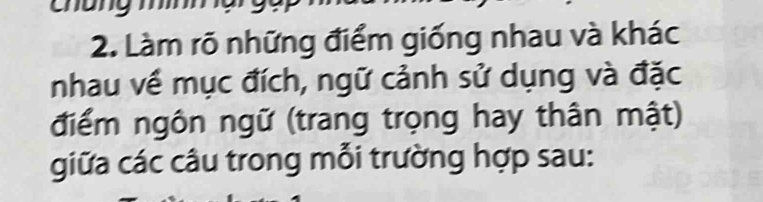 Làm rõ những điểm giống nhau và khác 
nhau về mục đích, ngữ cảnh sử dụng và đặc 
điểm ngôn ngữ (trang trọng hay thân mật) 
giữa các câu trong mỗi trường hợp sau: