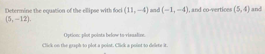 Determine the equation of the ellipse with foci (11,-4) and (-1,-4) , and co-vertices (5,4) and
(5,-12). 
Option: plot points below to visualize. 
Click on the graph to plot a point. Click a point to delete it.