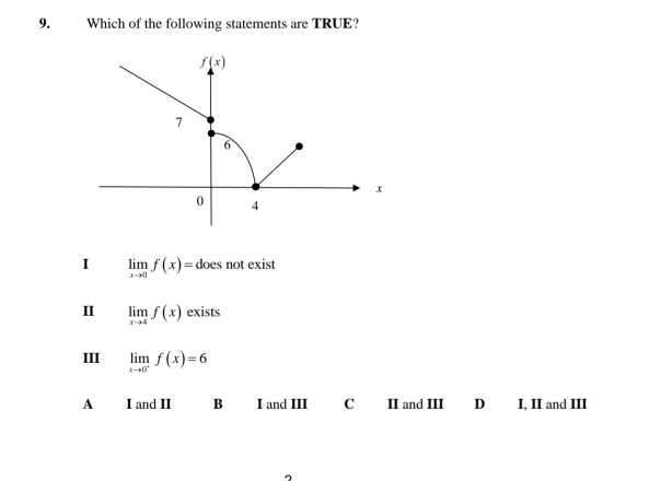 Which of the following statements are TRUE?
I limlimits _xto 0f(x)= does not exist
II limlimits _xto 4f(x) exists
III limlimits _xto 0^-f(x)=6
A I and II B I and III C II and III D I, II and III