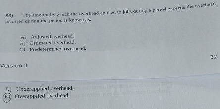 The amount by which the overhead applied to jobs during a period exceeds the overhead
incurred during the period is known as:
A) Adjusted overhead.
B) Estimated overhead.
C) Predetermined overhead.
32
Version 1
D) Underapplied overhead.
E) Overapplied overhead.