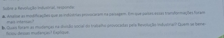 Sobre a Revolução Industrial, responda: 
a. Analise as modificações que as indústrias provocaram na paisagem. Em que países essas transformações foram 
mais intensas? 
b. Quais foram as mudanças na divisão social do trabalho provocadas pela Revolução Industrial? Quem se bene- 
ficiou dessas mudanças? Explique.