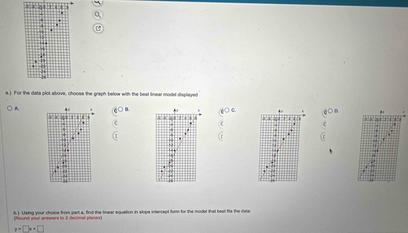 ) For the data plot above, choose the graph below with the best linear model displayed
A. Ay C. D.
B. Ay
-5 2 d4
8
10
12

46
1
20
-22
2
26
b.) Using your choice from part a, find the linear equation in slope intercept form for the model that best fits the data.
(Round your answers to 2 decimal places)
y=□ x+□