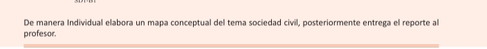 De manera Individual elabora un mapa conceptual del tema sociedad civil, posteriormente entrega el reporte al 
profesor.