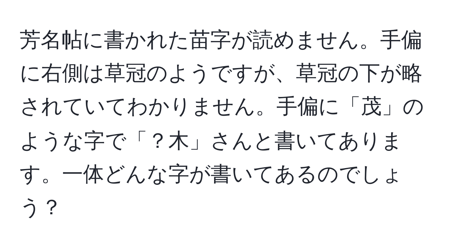 芳名帖に書かれた苗字が読めません。手偏に右側は草冠のようですが、草冠の下が略されていてわかりません。手偏に「茂」のような字で「？木」さんと書いてあります。一体どんな字が書いてあるのでしょう？