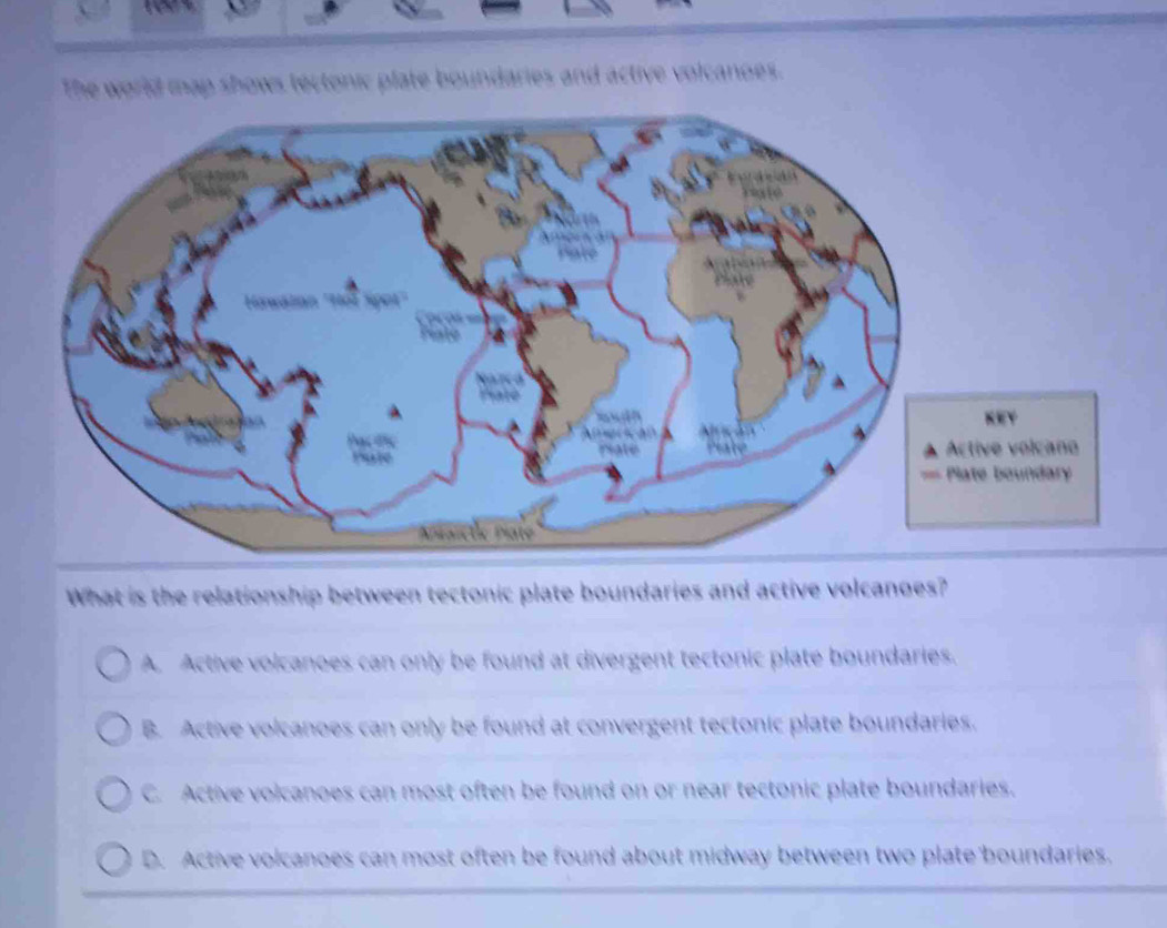 Solved: The world map shows tectonic plate boundaries and active ...