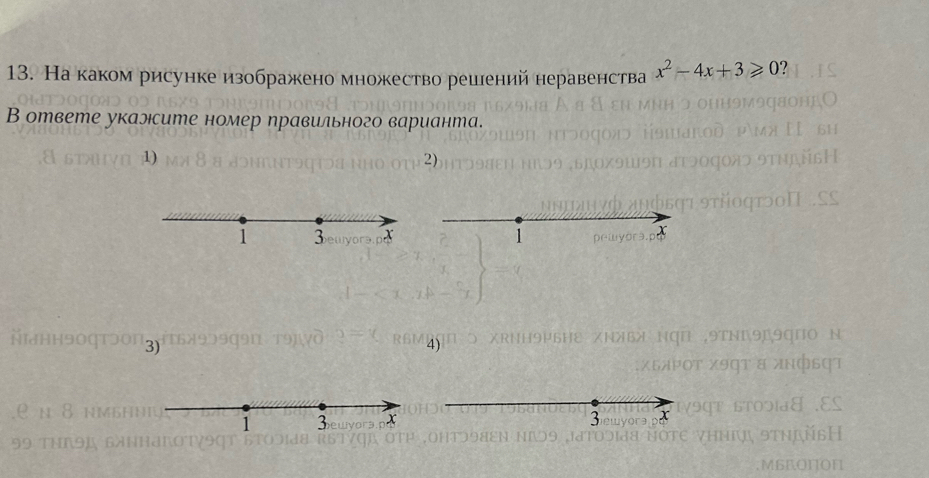 На каком рисунке изображено множество решений неравенства x^2-4x+3≥slant 0 ? 
В ответе укалсите номер правильного варианта. 
1) 
2) 
3) 
4) 
3