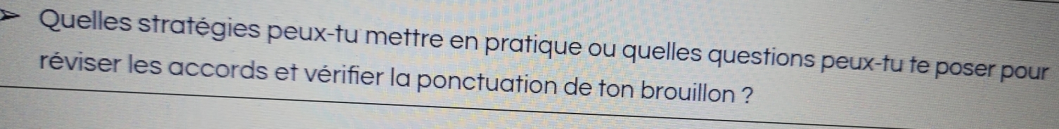 Quelles stratégies peux-tu mettre en pratique ou quelles questions peux-tu te poser pour 
réviser les accords et vérifier la ponctuation de ton brouillon ?