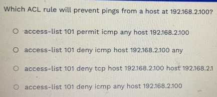 Solved: Which ACL rule will prevent pings from a host at 192.168.2.100 ...
