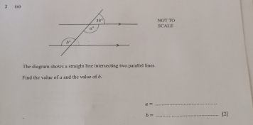 2 (a)
NOT TO
SC ALE
The dingram shows a straight lize intersecting two parattel lines.
Find the value of a and the value of
a=
_
b= _[2]