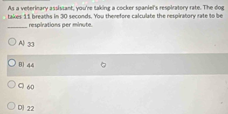 As a veterinary assistant, you're taking a cocker spaniel's respiratory rate. The dog
takes 11 breaths in 30 seconds. You therefore calculate the respiratory rate to be
_respirations per minute.
A) 33
B) 44
C) 60
D 22