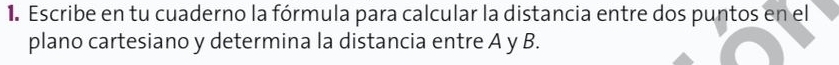 Escribe en tu cuaderno la fórmula para calcular la distancia entre dos puntos en el 
plano cartesiano y determina la distancia entre A y B.