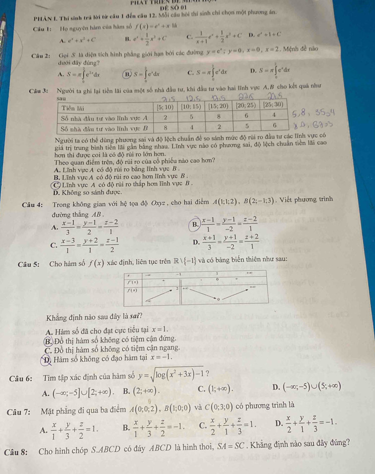Dề Số 01
PHÀN I. Thí sinh trả lời từ câu 1 đến cầu 12. Mỗi câu hỏi thí sinh chỉ chọn một phương án.
Câu 1: Họ nguyên hàm của hàm số f(x)=e^x+x1a
A. e^x+x^2+C B. e^x+ 1/2 x^2+C C.  1/x+1 e^x+ 1/2 x^2+C D. e^x+1+C
Câu 2: Gọi S là diện tích hình phẳng giới hạn bởi các đường y=e^x;y=0,x=0,x=2. Mệnh đề não
dưới đây đúng?
A. S=π ∈tlimits _0^(2e^2x)dx B S=∈tlimits _0^(2e^x)dx C. S=π ∈tlimits _0^(1e^x)dx D. S=π ∈tlimits _0^(3e^x)dx
Câu 3: Người ta ghi lại tiền lãi của một số nhà đầu tư, khi đầu tư vào hai lĩnh vực A,B cho kết quá như
Người ta có thể dùng phương sai và độ lệch chuẩn đề so sánh mức độ rùi ro đvực có
giá trị trung bình tiền lãi gần bằng nhau. Lĩnh vực nào có phương sai, độ lệch chuẩn tiền lãi cao
hơn thi được coi là có độ rủi ro lớn hơn.
Theo quan điểm trên, độ rùi ro của cổ phiếu nào cao hơn?
A. Lĩnh vực A có độ rủi ro bằng lĩnh vực B .
B. Lĩnh vực A có độ rủi ro cao hơn lĩnh vực B .
C. Lĩnh vực A có độ rùi ro thấp hơn lĩnh vực B .
D. Không so sánh được.
Câu 4: Trong không gian với hệ tọa độ Oxyz, cho hai điểm A(1;1;2),B(2;-1;3). Viết phương trình
đường thẳng AB .
A.  (x-1)/3 = (y-1)/2 = (z-2)/1   (x-1)/1 = (y-1)/-2 = (z-2)/1 
B.
C.  (x-3)/1 = (y+2)/1 = (z-1)/2   (x+1)/3 = (y+1)/-2 = (z+2)/1 
D.
Câu 5: Cho hàm số f(x) xác định, liên tục trên R   -1 và có bảng biến thiên như sau:
Khẳng định nào sau đây là sai?
A. Hàm số đã cho đạt cực tiểu tại x=1.
B.Đồ thị hàm số không có tiệm cận đứng.
C. Đồ thị hàm số không có tiệm cận ngang.
Dà Hàm số không có đạo hàm tại x=-1.
Câu 6: Tìm tập xác định của hàm số y=sqrt(log (x^2+3x)-1) ?
A. (-∈fty ;-5]∪ [2;+∈fty ) B. (2;+∈fty ). C. (1;+∈fty ). D. (-∈fty ;-5)∪ (5;+∈fty )
Câu 7: Mặt phẳng đi qua ba điểm A(0;0;2),B(1;0;0) và C(0;3;0) có phương trình là
A.  x/1 + y/3 + z/2 =1. B.  x/1 + y/3 + z/2 =-1. C.  x/2 + y/1 + z/3 =1. D.  x/2 + y/1 + z/3 =-1.
Câu 8: Cho hình chóp S.ABCD có đáy ABCD là hình thoi, SA=SC. Khẳng định nào sau đây đúng?