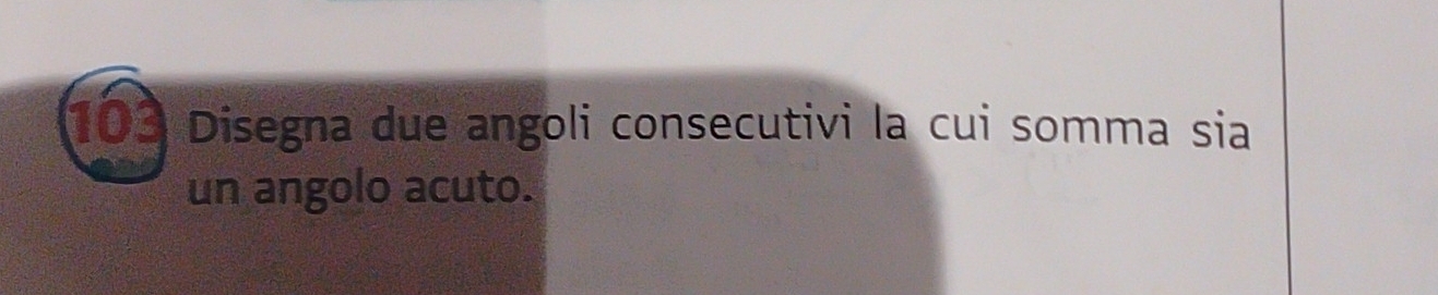 103 Disegna due angoli consecutivi la cui somma sia 
un angolo acuto.