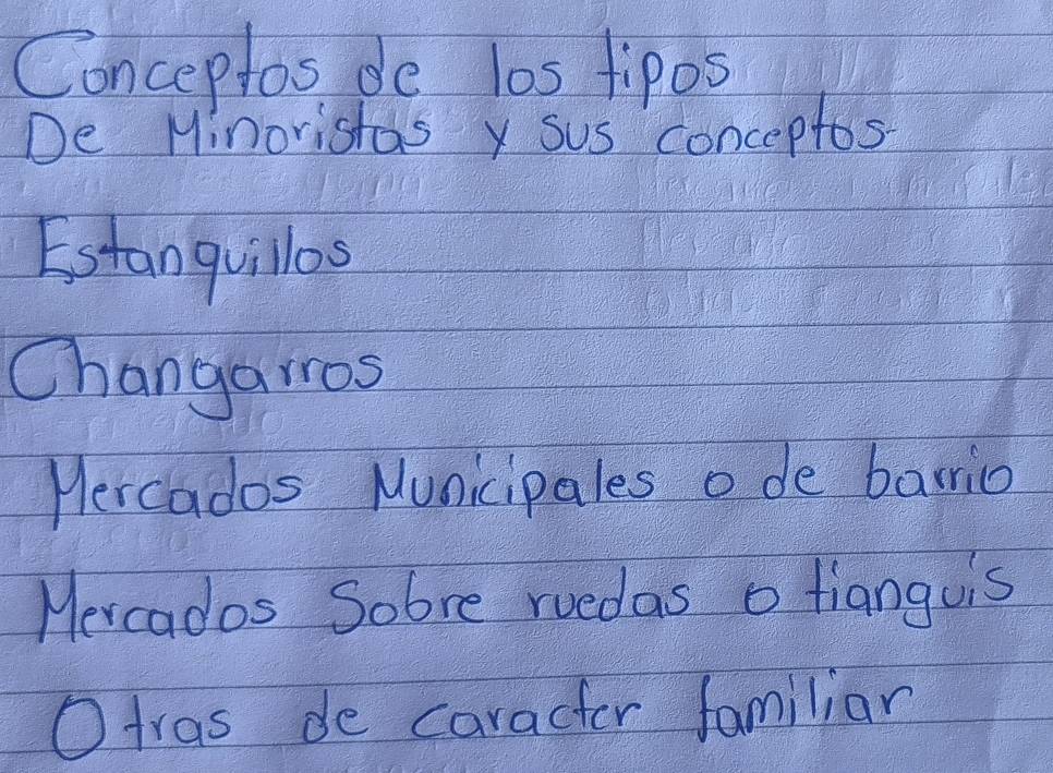 Conceptos de l0s tipos
De Minorishasy sus conceptos
Estanquillos
Changairos
Hercados Nunicipales ode barrio
Mercados Sobre ruedas o tianguis
tras de caracter familiar