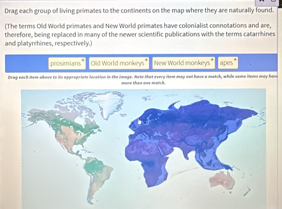 Solved: Drag each group of living primates to the continents on the map ...