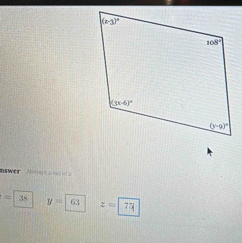 nswer Alempt 2 out of 2
=38 y=63 z=|75|
