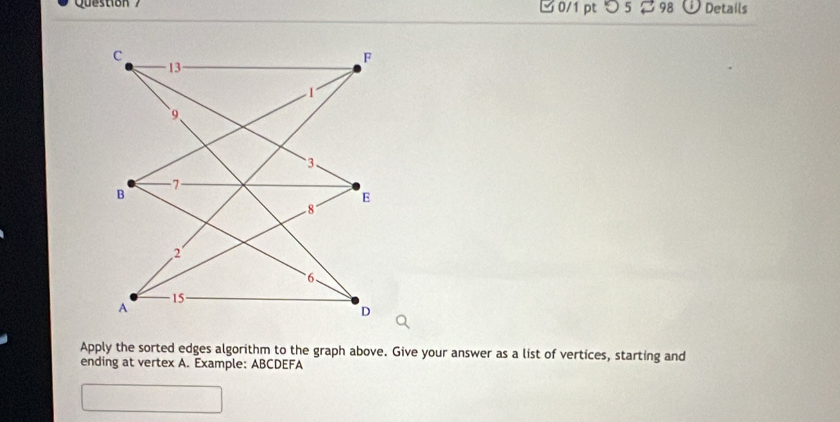 つ 5 $ 98 Details 
Apply the sorted edges algorithm to the graph above. Give your answer as a list of vertices, starting and 
ending at vertex A. Example: ABCDEFA