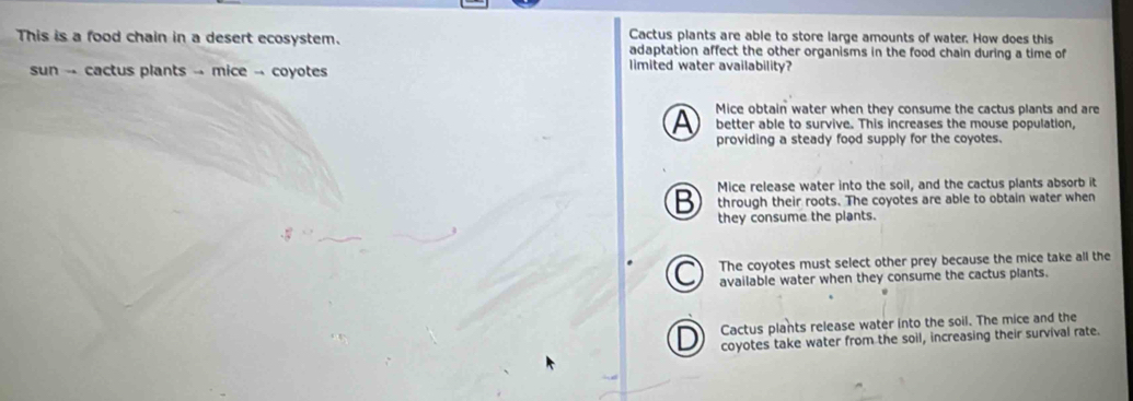 This is a food chain in a desert ecosystem. Cactus plants are able to store large amounts of water. How does this
adaptation affect the other organisms in the food chain during a time of
sun -- cactus plants -- mice -- coyotes limited water availability?
Mice obtain water when they consume the cactus plants and are
A better able to survive. This increases the mouse population,
providing a steady food supply for the coyotes.
Mice release water into the soil, and the cactus plants absorb it
B through their roots. The coyotes are able to obtain water when
they consume the plants.
The coyotes must select other prey because the mice take all the
available water when they consume the cactus plants.
Cactus plants release water into the soil. The mice and the
coyotes take water from the soil, increasing their survival rate.