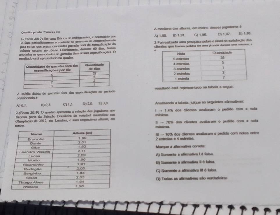 Questões provão 3° mno 6,7 e 8 A mediana das alturas, em metro, desses jogadores é
1-(Enem 2019) Em uma fábrica de refrigerantes, é necessário que A) 1,90. B) 1,91. C) 1,96. D) 1,97.
se faça periodicamente o controle no processo de engarrafamento E) 1,98.
para evitar que sejam envasadas garrafas fora da especificação do 3-Foi realizada uma pesquisa sobre o nível de satisfação dos
volume escrito no rótulo. Diariamente, durante 60 dias, foram clientes que lizerm pedidos em uma pizzarta duranta uma semana, a
anotadas as quantidades de garrafas fara dessas especificações. ()
resultado está apresentado no quadro 
 
 
 
A média diária de garrafas fora das especificações no período resultado está representado na tabela a seguir:
considerado é
A) 0,1. B) 0,2 C)1,5. D) 2,0. E) 3,0. Analisando a tabela, julgue as seguintes afirmativas:
2-(Enem 2019) O quadro apresenta a relação dos jogadores que ! → 1,4% dos clientes avaliaram o pedido com a nota
fizeram parte da Seleção Brasileira de voleibol masculino nas mínima.
Olimpíadas de 2012, em Londres, e suas respectivas alturas, em
1 → 70% dos clientes avaliaram o pedido com a nota
metro.másoma
Itl → 16% dos clientes avaliaram o pedido com notas entre
2 estrelas e 4 estrelas.
Marque a alterativa correta:
A) Somente a afirmativa I à falsa.
B) Somente a afimativa II é faisa.
C) Somente a afirmativa III é faisa.
D) Todas as afirmativas são verdadeiras