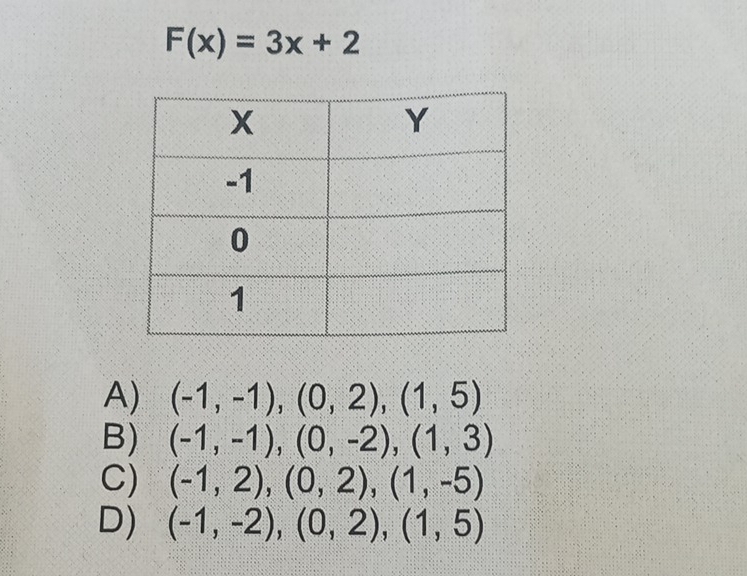 F(x)=3x+2
A) (-1,-1),(0,2),(1,5)
B) (-1,-1),(0,-2),(1,3)
C) (-1,2), (0,2), (1,-5)
D) (-1,-2), (0,2), (1,5)