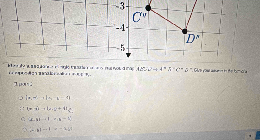 -3
C''
-4
D''
-5
ldentify a sequence of rigid transformations that would map ABCDto A'prime B'prime C'prime  D D ”. Give your answer in the form of a
composition transformation mapping.
(1 point)
(x,y)to (x,-y-4)
(x,y)to (x,y+4)
(x,y)to (-x,y-4)
(x,y)to (-x-4,y)