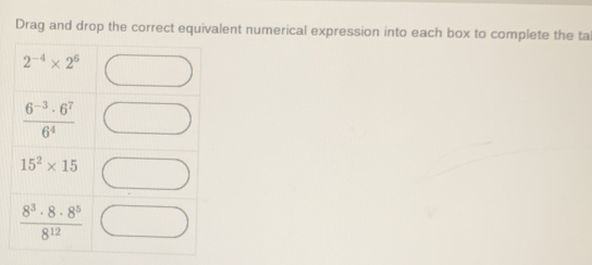 Drag and drop the correct equivalent numerical expression into each box to complete the tal