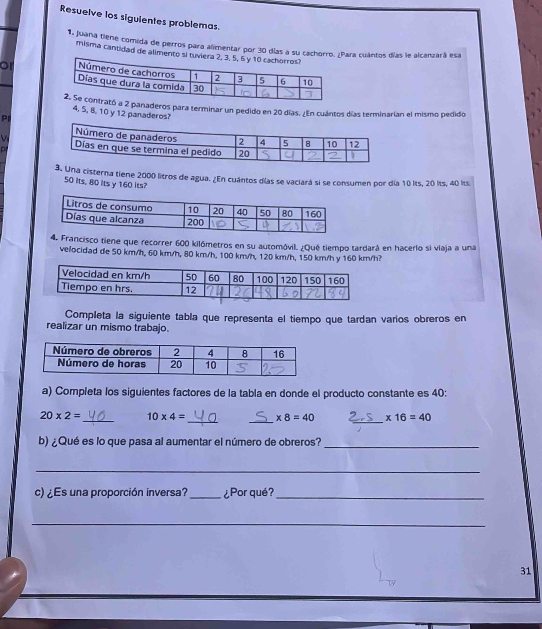 Resuelve los siguientes problemas.
1. Juana tiene comida de perros para alimentar por 30 días a su cachara cuántos días le alcanzará esa
misma cantidad de alimen
or
2 panaderos para terminar un pedido en 20 días. ¿En cuántos días terminarían el mismo pedido
4, 5, 8, 10 y 12 panaderos?
PI
V
p
3. Una cisterna tiene 2000 litros de agua. ¿En cuántos días se vaciará si se consumen por día 10 Its, 20 Its, 40 Its
50 Its, 80 its y 160 its?
4. Francisco tiene que recorrer 600 kilómetros en su automóvil. ¿Qué tiempo tardará en hacerlo si viaja a una
velocidad de 50 km/h, 60 km/h, 80 km/h, 100 km/h, 120 km/h, 150 km/h y 160 km/h?
Completa la siguiente tabla que representa el tiempo que tardan varios obreros en
realizar un mismo trabajo.
a) Completa los siguientes factores de la tabla en donde el producto constante es 40 :
_
_
_
_
20* 2=
10* 4=
* 8=40
* 16=40
b) ¿Qué es lo que pasa al aumentar el número de obreros?_
_
c) ¿Es una proporción inversa?_ ¿Por qué?_
_
31