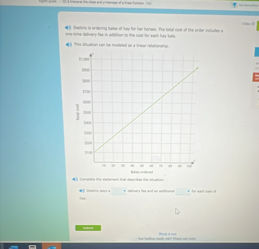 Ligith grade CC.6 Interpret the slope and y-intercept of a linear function. (2) 
Video⑩ 
Destiny is ordering bales of hay for her horses. The total cost of the order includes a 
one-time delivery fee in addition to the cost for each hay bale. 
This situation can be modeled as a linear relationship. 
5 
Complete the statement that describes the situation, 
_ 
(1) Destiny pays a v delivery fee and an additional for each bale of 
_ 
hay. 
Suben it 
Work it out 
Not feeling ready yet? These can help: