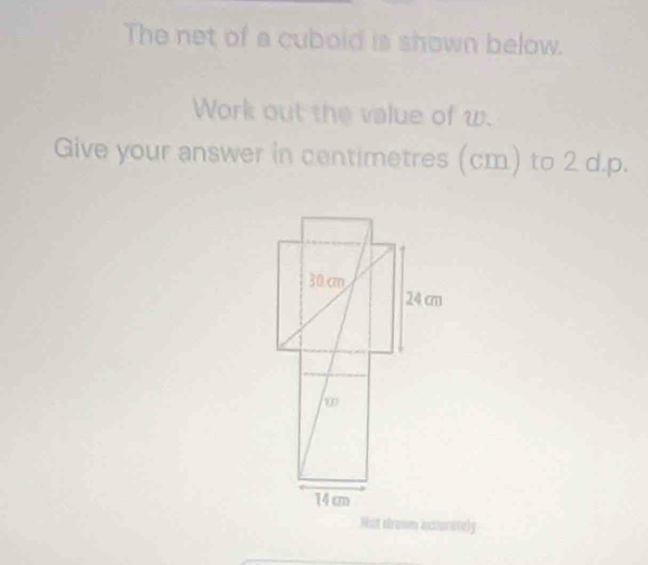 The net of a cuboid is shown below. 
Work out the value of w. 
Give your answer in centimetres (cm.) to 2 d.p. 
Not drowm acturavely