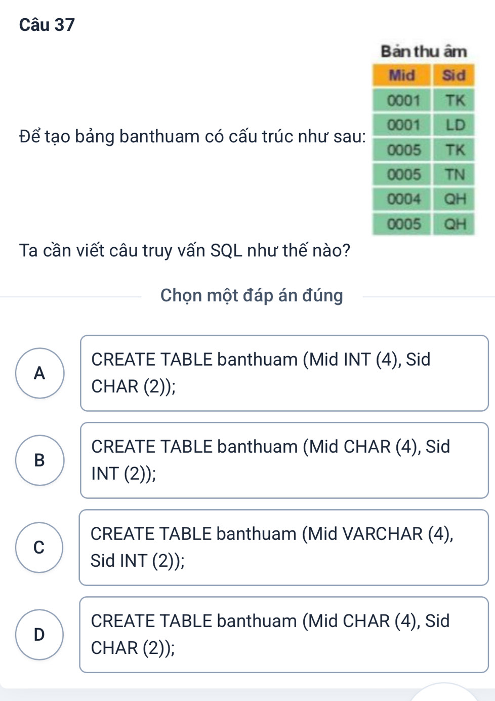 Để tạo bảng banthuam có cấu trúc như sau:
Ta cần viết câu truy vấn SQL như thế nào?
Chọn một đáp án đúng
CREATE TABLE banthuam (Mid INT (4), Sid
A
CHAR (2));
CREATE TABLE banthuam (Mid CHAR (4), Sid
B
INT (2));
CREATE TABLE banthuam (Mid VARCHAR (4),
C
Sid INT (2));
CREATE TABLE banthuam (Mid CHAR (4), Sid
D
CHAR (2));