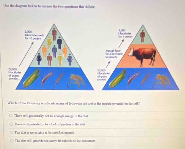 Use the diagram below to answer the two questions that follow.
Which of the following is a disadvantage of following the diet in the trophic pyramid on the left?
There will potentially not be enough energy in the diet
There will potentially be a lack of protein in the diet
The diet is never able to be certified organic
The diet will provide too many fat calories to the consumers