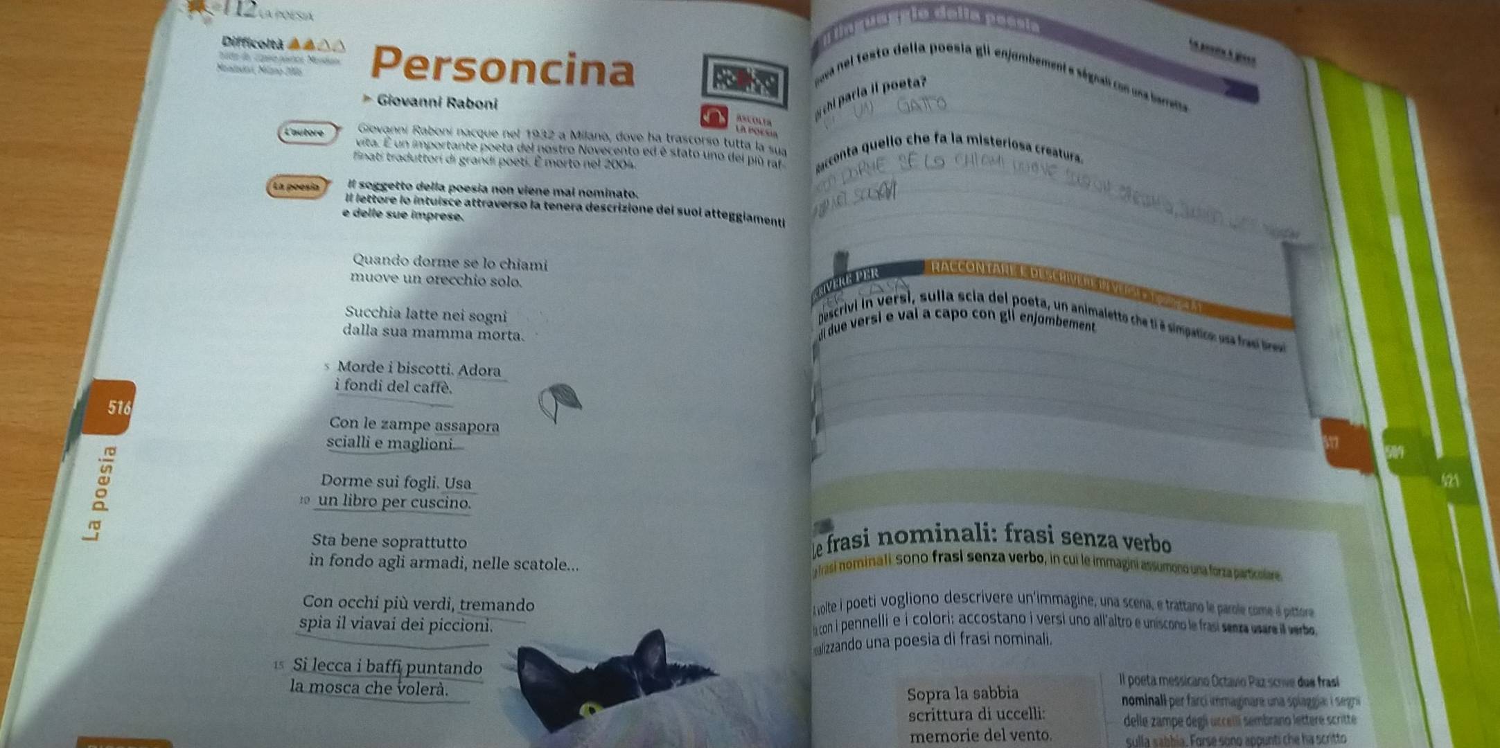 112
T nguag do delía pecsla
Difficoltà ▲▲△△
oadto de, capeio postos Manéais Personcina
_
oa nel testo della poesia gli enjambement e ségialcon uss irea
* Giovanni Raboni
h paría i poet ?
    
Giovanní Raboní nacque nel 1932 a Milano, dove ha trascorso tutta la sua
L'autore vita. É un importante poeta del nostro Novecento ed é stato uno dei più ra acenta quello che fa la misteríosa creatura.
finati traduttori di grandi poeti. É morto nel 2004
La poesía Il soggetto della poesía non viene mai nominato._
Il lettore lo intuísce attraverso la tenera descrizione del suol atteggiamenti_
e delle sue imprese.
_
Quando dorme se lo chiami
muove un orecchio solo.
_
RIVERE PER
` Raccon tare é descrne re  r v e    
Succhia latte nei sogni  Descrivi in versi, sulla scia del poeta, un animaletto cet é simpatca usa  aei r
dalla sua mamma morta.
al due versi e vai a capo con glí enjombement
Morde i biscotti. Adora
_
i fondi del caffè.
_
516
Con le zampe assapora
_
scialli e maglioni
Dorme sui fogli. Usa
523
un libro per cuscino.
Sta bene soprattutto  e frasi nominali: frasì senza verbo
in fondo agli armadi, nelle scatole...
yIrasi nominal i. Sono frasí senza verbo, in cui le immagini assumono una forza particlare
Con occhi più verdi, tremando
a volte i poeti vogliono descrivere un'immagine, una scena, e trattano le parole come poittore
spia il viavai dei piccioni. a con i pennelli e i colori: accostano i versi uno all'altro e uniscono le frasí senra usare il verbo
alizzando una poesia di frasi nominali.
Si lecca i baffi puntando
Il poeta messicano Octavio Paz scrive due frasi
la mosca che volerà.
Sopra la sabbia
nominali per farcí immaginare una spíaggía: i segni
scrittura di uccelli:
delle zampe degli uccelli sembrano lettere scritte
memorie del vento. sulla sabbia. Forse sono appunti che ha scritto