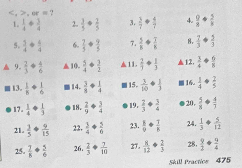 , or = ? 
1.  1/4 + 3/4  2.  3/5 + 2/5  3.  3/7 ·  4/7  4.  0/8 + 5/8 
5.  5/4 + 4/4  6.  7/5 /  9/5  7.  5/8 + 7/8  8.  7/3 ·  5/3 
9.  2/3 + 4/6  10.  5/4 ·  3/2  a 11.  2/7 ·  1/3  12.  3/4 + 6/8 
13.  1/8 + 1/6  14.  3/8 ·  1/4  15.  3/10 ·  1/3  16.  1/4 ·  2/5 
17.  1/4 /  1/3  18.  2/9 + 3/4  19.  2/3 + 3/4  20.  5/8 ·  4/7 
21.  3/5 + 9/15  22.  3/4 + 5/6  23.  8/9 + 7/8  24.  1/3 ·  5/12 
25.  7/8 ·  5/6  26.  2/3 ·  7/10  27.  8/12 ·  2/3  28.  9/2 + 9/4 
Skill Practice 475