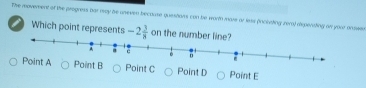 The movement of the progress pat may be uneven becoume questions con be worth mare or less (nclarting rera) alpenating on your answee
Which point represents -2 3/8  on the numbe
oint B Point C Point D Point E