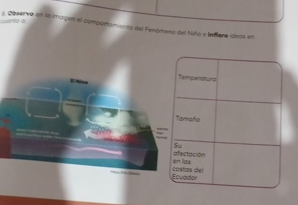 cuanto a: 
8, Observo en la imagen el comportamiento del Fenómeno del Niño e Inflero ideas en 
El Nino 
hitps: in9 olfbistur