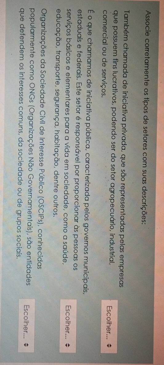 Associe corretamente os tipos de setores com suas descrições: 
Também chamada de iniciativa privada, que são representadas pelas empresas 
que possuem fins lucrativos, podendo ser do setor agropecuário, industrial, Escolher... 
comercial ou de serviços. 
É o que chamamos de iniciativa pública, caracterizada pelos governos municipais, 
estaduais e federais. Este setor é responsável por proporcionar às pessoas os 
serviços básicos e elementares para a vida em sociedade, como a saúde, 
Escolher... 
educação, transporte, segurança, habitação, dentre outros. 
Organizações da Sociedade Civil de Interesse Público (OSCIPs), conhecidas 
popularmente como ONGs (Organizações Não Governamentais), são entidades Escolher... 
que defendem os interesses comuns, da sociedade ou de grupos sociais.