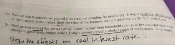 Assume that businesses are granted a tax credit on spending for machinery. Using a correctly labsled gan 
of the loanable funds market, show the effect of the business sector's response on the real interest rate 
(b) Now assume instead that the tax rate on interest income from household savings is lowered and there i m 
change in government budget deficit. Using a second correctly labeled graph of the loanable funds marke