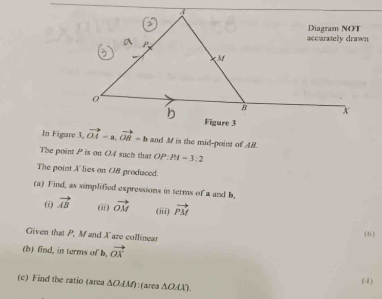 In Figure 3, vector OA=a, vector OB=b and M is the mid-point of AB. 
The point P is on O4 such that OP:PA=3:2
The point X lies on OB produced. 
(a) Find, as simplified expressions in terms of a and b, 
(i) vector AB (ii) vector OM (iii) vector PM
Given that P, M and X are collinear 
(6) 
(b) find, in terms of b, vector OX
(c) Find the ratio (area △ OAM) : (area △ OAX). 
(4)