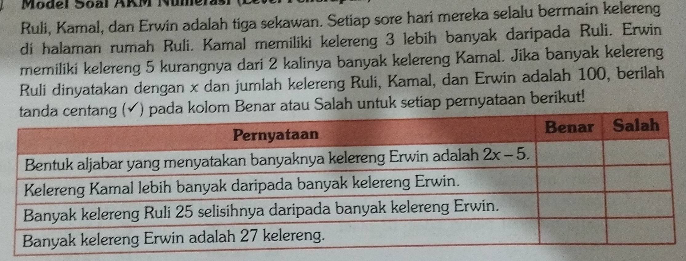 Model Soal AKM Nümen
Ruli, Kamal, dan Erwin adalah tiga sekawan. Setiap sore hari mereka selalu bermain kelereng
di halaman rumah Ruli. Kamal memiliki kelereng 3 lebih banyak daripada Ruli. Erwin
memiliki kelereng 5 kurangnya dari 2 kalinya banyak kelereng Kamal. Jika banyak kelereng
Ruli dinyatakan dengan x dan jumlah kelereng Ruli, Kamal, dan Erwin adalah 100, berilah
m Benar atau Salah untuk setiap pernyataan berikut!