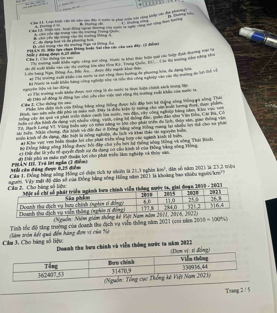 Bài thí
6 door
_
2. Diễm thị:
của cán bộ coi thì 1  Họ tên, chữ kỳ
__
3. Phòng thi số:
D. Đường biển
Câu 11. Loại hình vận tải nào sau đây ở nước ta phát triển trải rộng khắp các địa phương7
B. Đường sắt. C. Đường sông.
Câu 12. Hiện nay, hoạt động ngoại thương của nước ta ngày cảng mở rộng theo hướng
A. Đường ô tô.
A. chủ yểu tập trung vào thị trường Trung Quốc.
B. chủ yếu tập trung vào thị trường Đông Á.
C. đa dạng hoá và đa phương hoá.
D. chú trọng vào thị trường Nga và Đông Âu.
PHẢN II. Hãy lựa chọn Đúng hoặc Sai cho các câu sau đây. (2 điểm)
Mỗi ý đúng được 0,25 điểm
Thị trường xuất khẩu ngày cảng mở rộng. Nước ta khai thác hiệu quả các hiệp định thương mại tự
Câu 1. Cho thông tin sau:
do đề xuất khẩu vào các thị ưường lớn như Hoa Kỳ, Trung Quốc, EU,... Các thị trường tiềm năng như
Liên bang Nga, Đông Âu, Bắc Âu,... được đầy mạnh khai thác.
a) Thị trường xuất khẩu của nước ta mở rộng theo hướng đa phương hóa, đa dạng hóa.
b) Nước ta xuất khẩu hàng công nghiệp nhẹ và tiểu thủ công nghiệp vào các thị trường do lợi thế về
nguyên liệu và lao động.
c) Thị trường xuất khẩu được mở rộng là do nước ta thực hiện chính sách trung lập.
d) Dân số đông là động lực chủ yếu cho việc mở rộng thị trường xuất khẩu của nước ta.
Phần lớn diện tích của Đồng bằng sông Hồng được bồi đấp bởi hệ thống sông Hồng và sông Thái
Câu 2. Cho thông tin sau:
Bình, tạo nên nền đất phù sa màu mỡ. Đây là điều kiện lý tưởng cho sản xuất lương thực, thực phẩm,
trồng cây ăn quả và phát triển thâm canh lúa nước, rau đậu, cây công nghiệp hàng năm. Khu vực ven
biển có địa hình đa dạng với nhiều vũng, vịnh, cùng hệ thống đảo, quần đảo như Vân Đồn, Cát Bà, Cô
Tô, Bạch Long Vĩ. Vùng biển này có tiềm năng to lớn cho phát triển du lịch, thủy sản, giao thông vận
tải biển. Nhìn chung, địa hình và đất đai ở Đồng bằng sông Hồng mang lại nhiều lợi thế cho sự phát
triển kinh tế đa dạng, đặc biệt là nông nghiệp, du lịch và khai thác tài nguyên biển.
a) Khu vực ven biển thuận lợi cho phát triển tổng hợp các ngành kinh tế biển.
b) Đồng bằng sông Hồng được bồi đắp chủ yếu bởi hệ thống sông Hồng và sông Thái Bình.
c) Đất đai là yếu tổ quyết định sự đa dạng cơ cấu kinh tế của Đồng bằng sông Hồng.
d) Đất phù sa màu mỡ thuận lợi cho phát triển lâm nghiệp và thủy sản.
PHÀN III. Trả lời ngắn (2 điểm)
Mỗi câu đúng được 0,25 điểm
Câu 1. Đồng bằng sông Hồng có diện tích tự nhiên là 21,3 nghìn km^2 , dân số năm 2021 là 23,2 triệu
người. Vậy mật độ dân số của Đồng bằng sông Hồng năm 2021 là khoảng bao nhiêu người km^2
Câu 2. Cho bảng số liệu:
chính viễn thông nước ta, giai đoạn 2010 - 2021
(Nguồn: Niêm giá
Tính tốc độ tăng trưởng của doanh thu dịch vụ viễn thông năm 2021 (coi năm 2010=100% )
(làm tròn kết quả đến hàng đơn vị của %)
Câu 3. Cho bảng số liệu:
Doanh thu bưu chính và viễn thông nước ta năm 2022
: tỉ đồng)
Trang 2 / 5