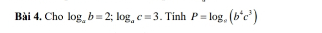 Cho log _ab=2; log _ac=3. Tính P=log _a(b^4c^3)