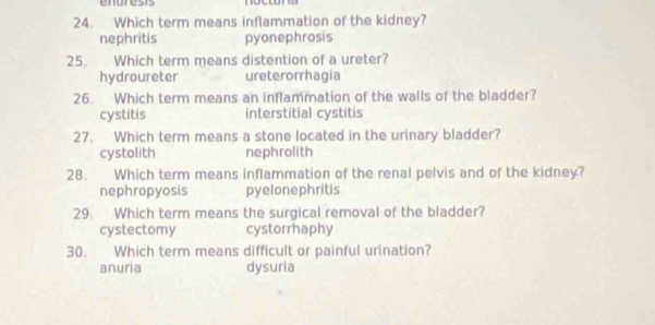 endrests
24. Which term means inflammation of the kidney?
nephritis pyonephrosis
25. Which term means distention of a ureter?
hydroureter ureterorrhagia
26. Which term means an inflammation of the walls of the bladder?
cystitis interstitial cystitis
27. Which term means a stone located in the urinary bladder?
cystolith nephrolith
28. Which term means inflammation of the renal pelvis and of the kidney?
nephropyosis pyelonephritis
29. Which term means the surgical removal of the bladder?
cystectomy cystorrhaphy
30. Which term means difficult or painful urination?
anuria dysuria