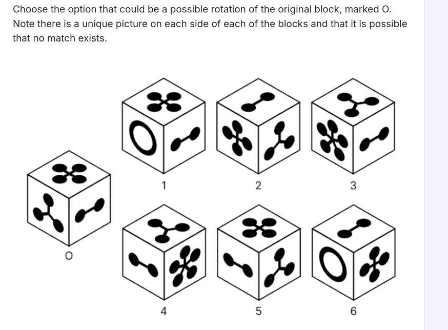 Choose the option that could be a possible rotation of the original block, marked O. 
Note there is a unique picture on each side of each of the blocks and that it is possible 
that no match exists. 
0